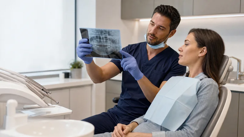A dentist reviewing an x-ray with a patient, soft even indoor light