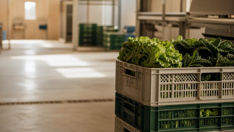 Close, clean detail of the crates of freshly harvested produce, warm interior light, no people in frame