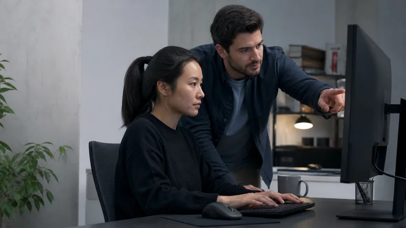 A software engineer pairing over a design on a monitor, soft even indoor light