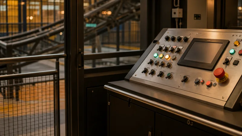 Close, clean detail of the ride-control operator console, warm interior light, no people in frame