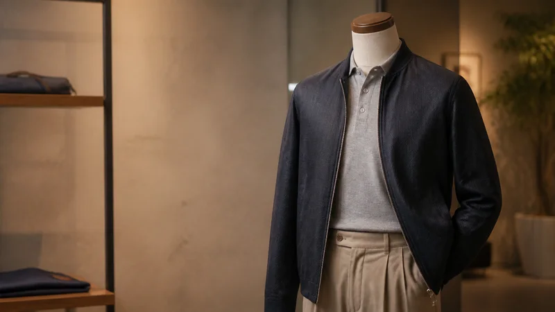 Close, clean detail of the a mannequin styled in a full outfit, warm interior light, no people in frame