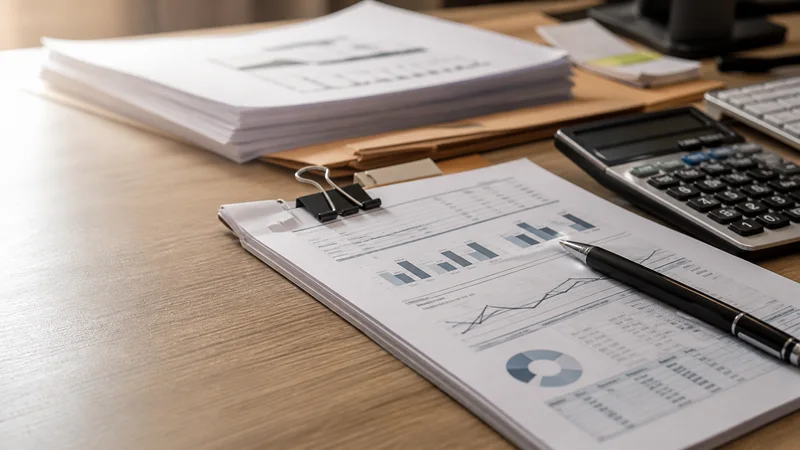 Close, clean detail of the balance sheet and invoices on a desk, warm interior light, no people in frame