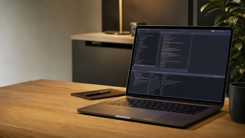 Close, clean detail of the laptop showing an IDE and terminal, warm interior light, no people in frame