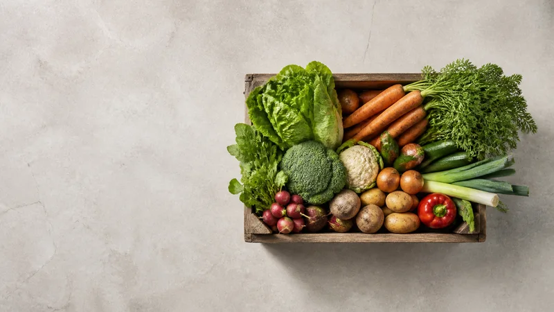 Styled flat-lay of a crate of fresh vegetables on a clean background, clean even studio light, generous negative space for overlaid text