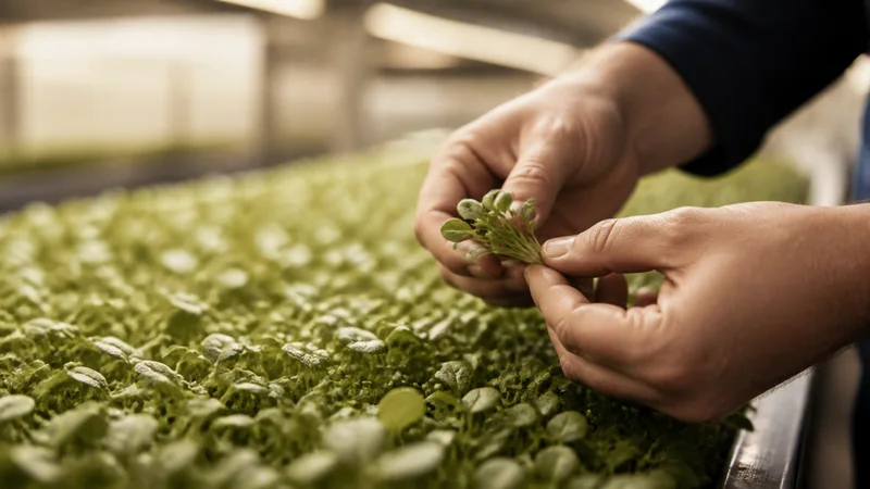Close-up of hands inspecting a crop by hand, warm interior light, only naturally framed hands, no faces