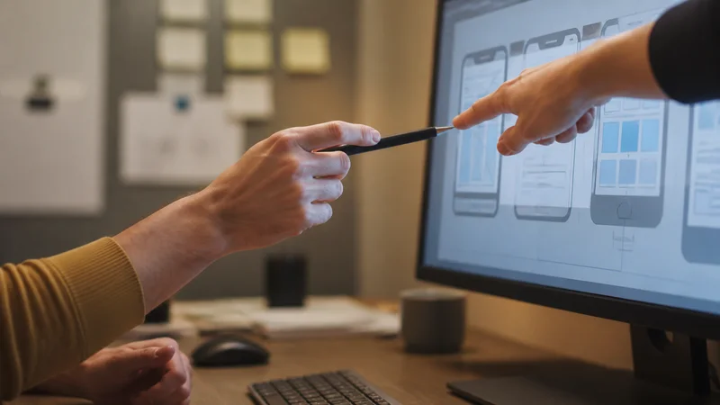 Close-up of hands pairing over a design on a monitor, warm interior light, only naturally framed hands, no faces