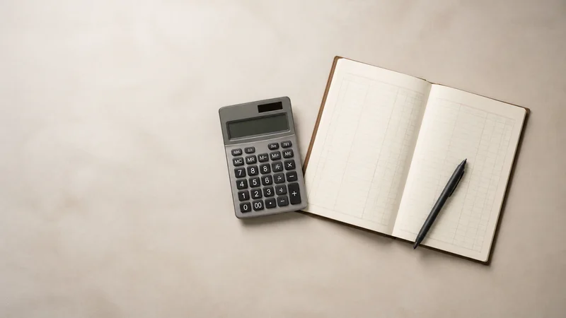 Styled flat-lay of a calculator, ledger and pen on a clean background, clean even studio light, generous negative space for overlaid text