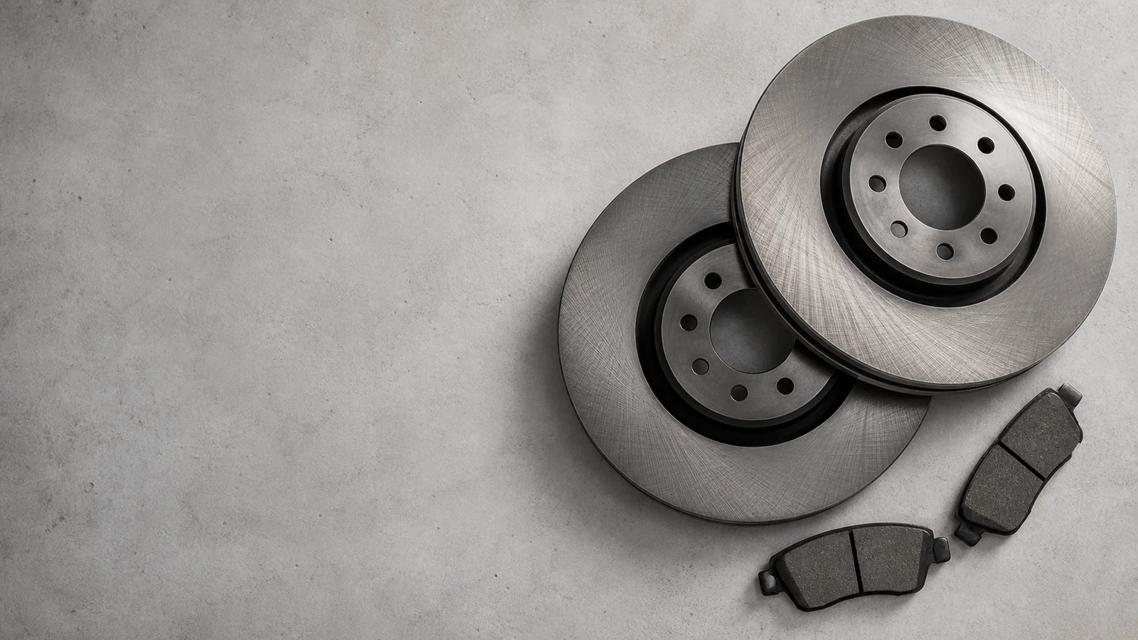 Styled flat-lay of brake pads and rotors set on a clean background, soft studio light, generous negative space for overlaid text