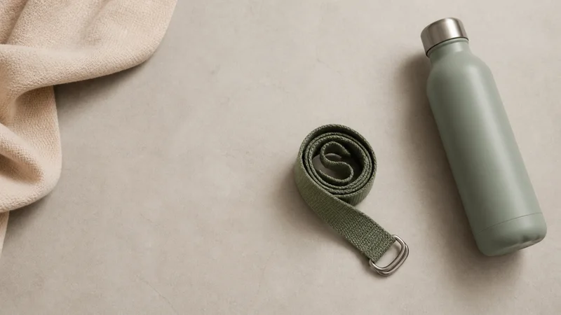 Styled flat-lay of a yoga strap and water bottle on a clean background, soft studio light, generous negative space for overlaid text