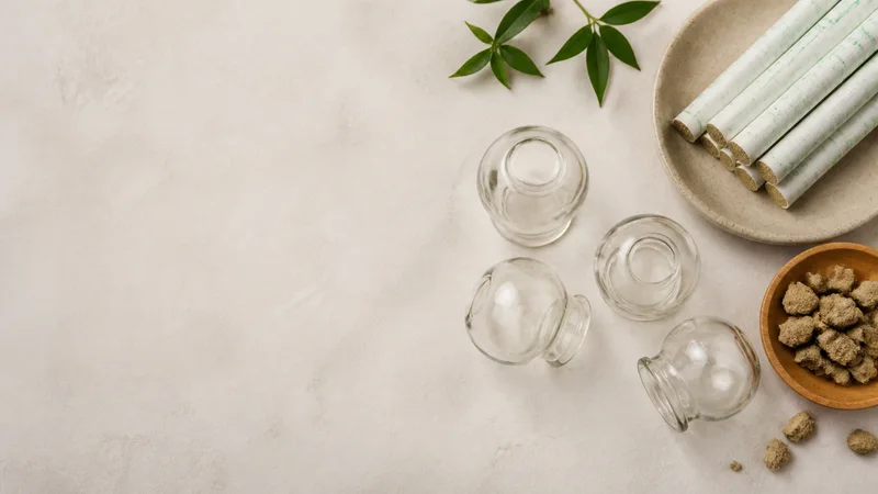 Styled flat-lay of cupping glasses and moxa sticks on a clean background, soft studio light, generous negative space for overlaid text