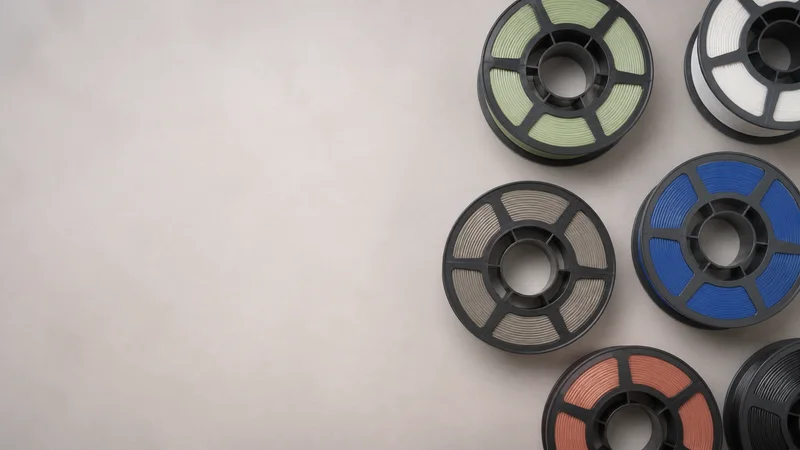 Styled flat-lay of spools of coloured filament on a clean background, soft studio light, generous negative space for overlaid text