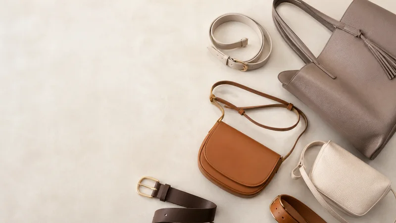 Styled flat-lay of handbags and belts on a clean background, soft studio light, generous negative space for overlaid text