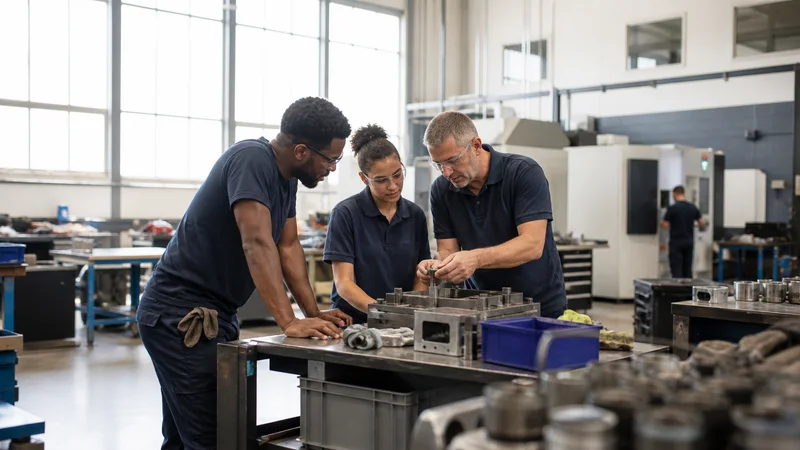 A few machine operators working together, machine shop floor in the background, bright daylight through the windows