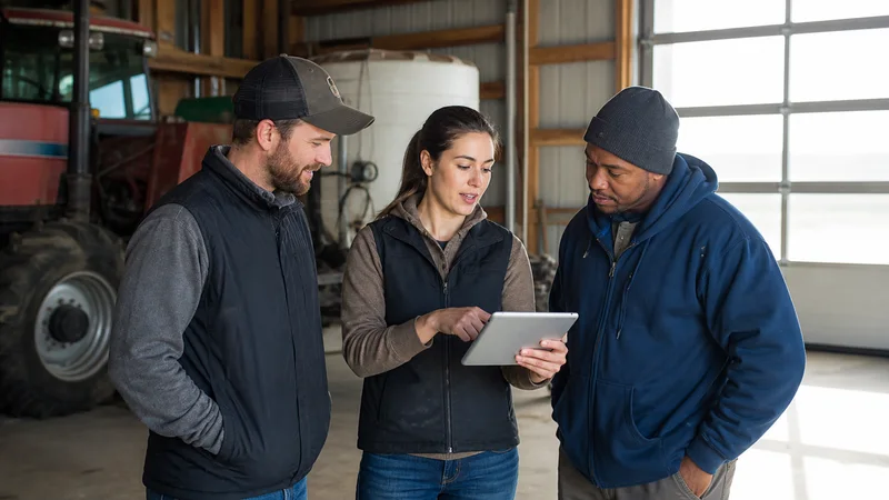 A few growers working together, modern agricultural equipment barn in the background, bright daylight through the windows