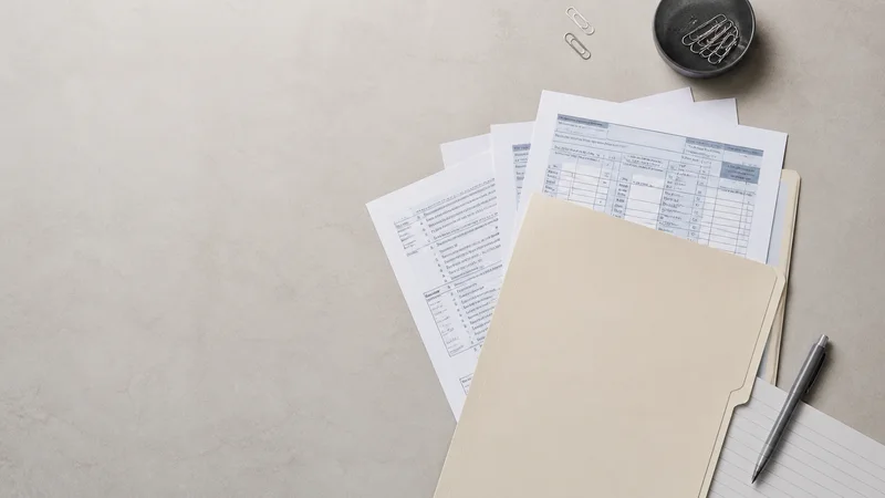Styled flat-lay of printed tax forms and a folder on a clean background, soft studio light, generous negative space for overlaid text