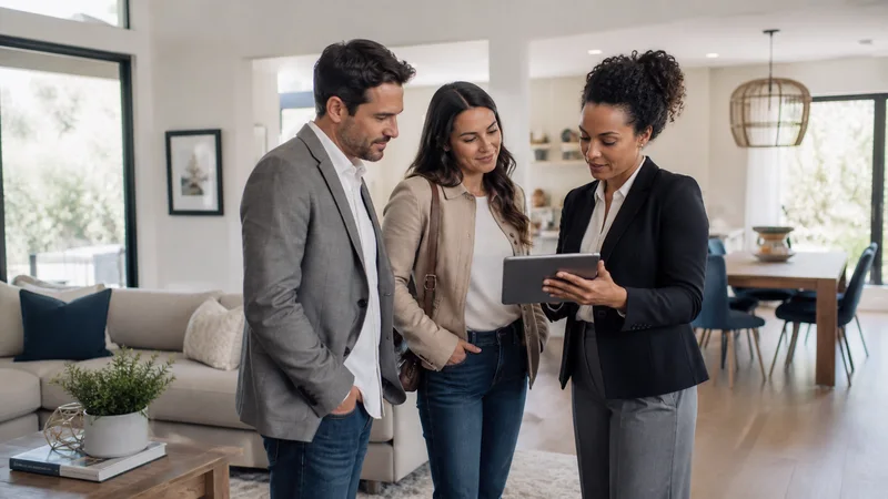 A few real-estate agents working together, staged open-plan living room in the background, bright daylight through the windows