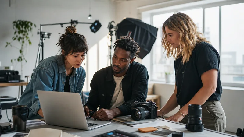 A few photographers working together, photography studio with lighting rigs in the background, bright daylight through the windows