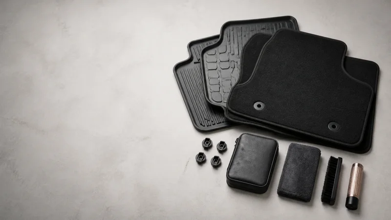 Styled flat-lay of car floor mats and accessory set on a clean background, clean even studio light, generous negative space for overlaid text