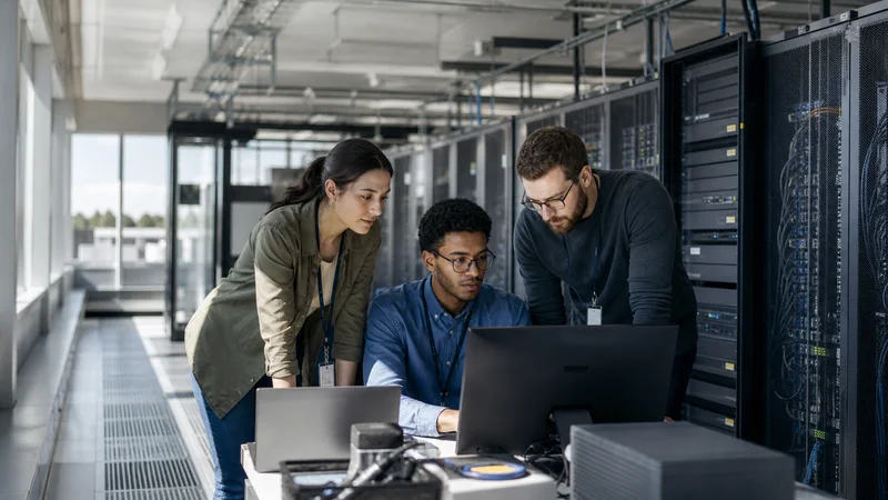 A few systems engineers working together, server hall with rows of racks in the background, bright daylight through the windows