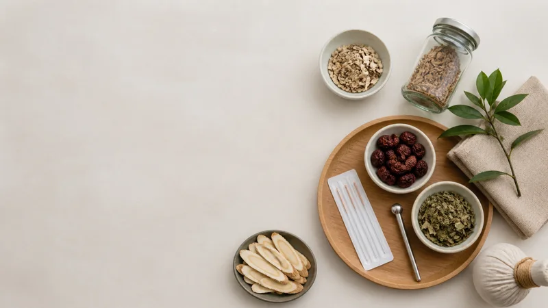 Styled flat-lay of herbal medicine remedies on a clean background, clean even studio light, generous negative space for overlaid text