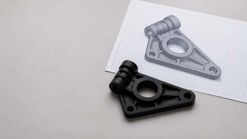 Styled flat-lay of a printed part beside its CAD model on a clean background, clean even studio light, generous negative space for overlaid text