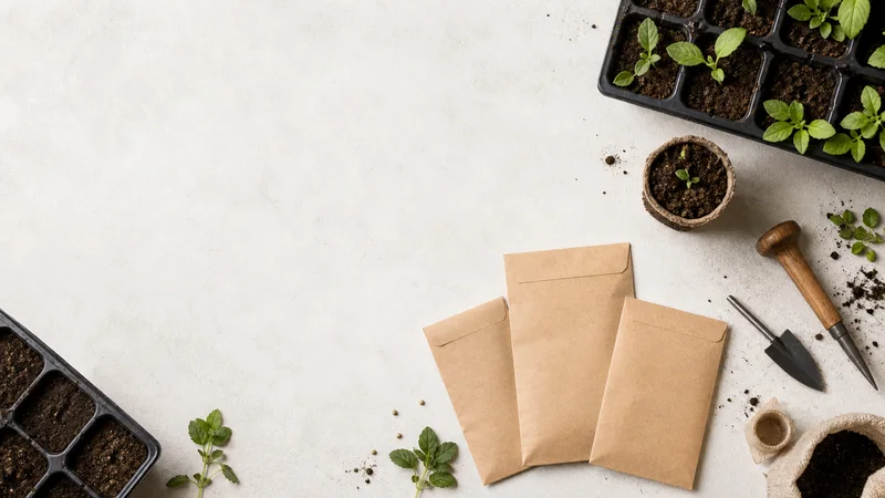 Styled flat-lay of seed packets and seedling trays on a clean background, clean even studio light, generous negative space for overlaid text