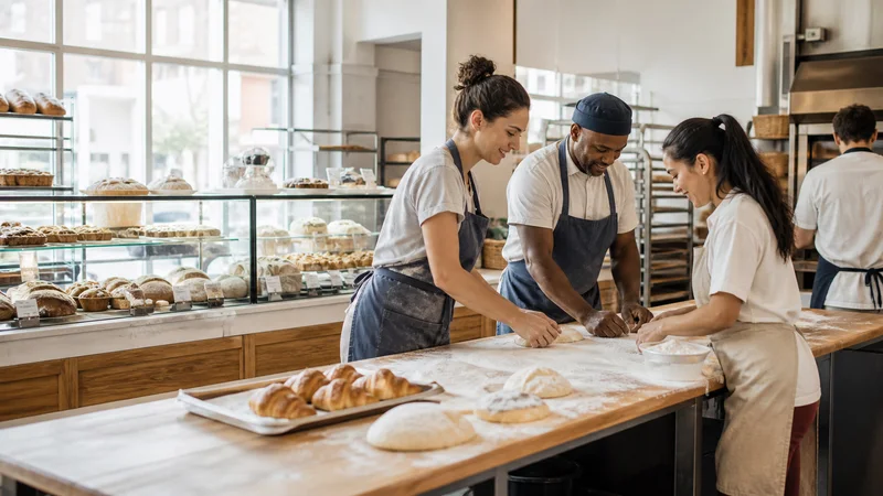 A few bakers working together, display case of fresh breads and pastries in the background, bright daylight through the windows