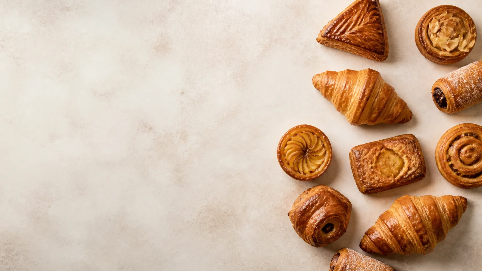 Styled flat-lay of a flat-lay of croissants and pastries on a clean background, clean even studio light, generous negative space for overlaid text