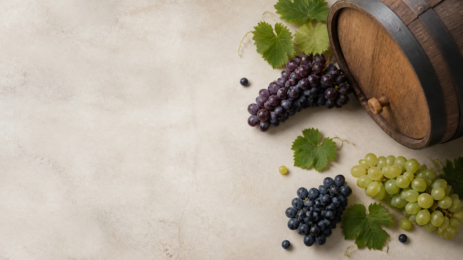 Styled flat-lay of grape clusters and a wine barrel on a clean background, clean even studio light, generous negative space for overlaid text