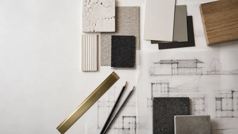 Styled flat-lay of material swatches and design sketches on a clean background, clean even studio light, generous negative space for overlaid text