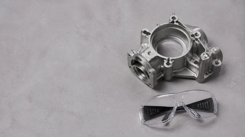 Styled flat-lay of a component model and safety glasses on a clean background, clean even studio light, generous negative space for overlaid text