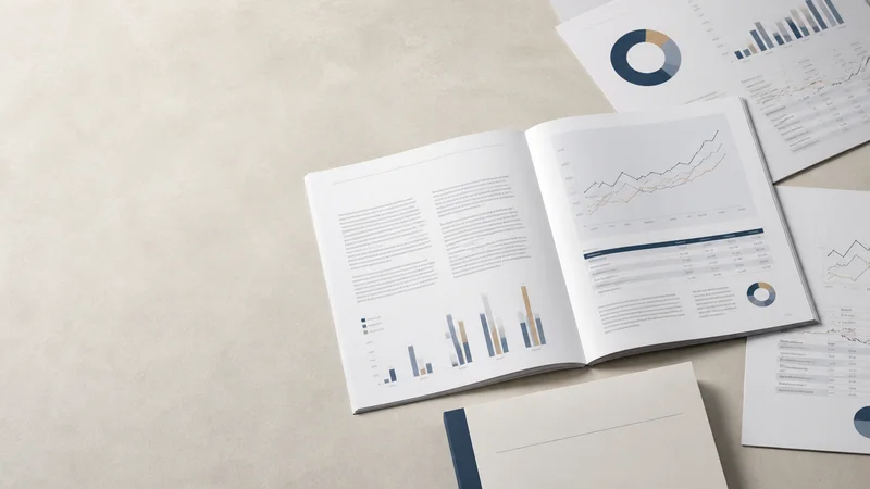 Styled flat-lay of printed investment charts and prospectus on a clean background, clean even studio light, generous negative space for overlaid text