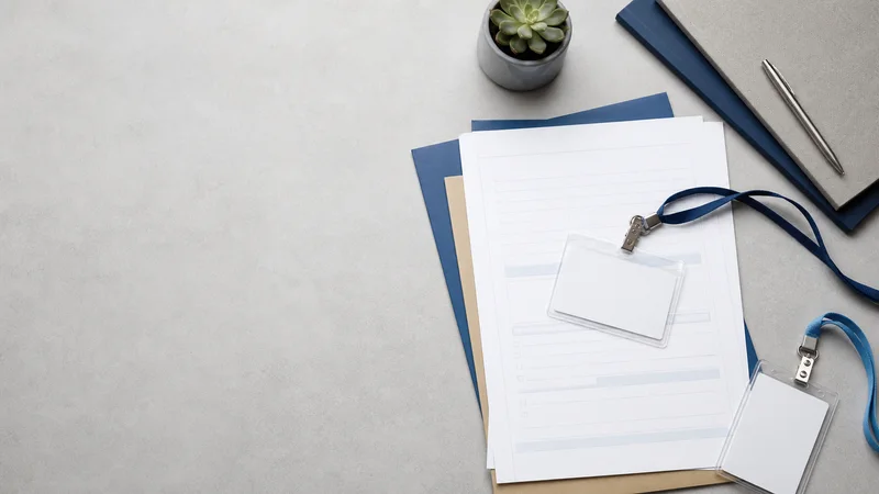 Styled flat-lay of onboarding forms and name badges on a clean background, clean even studio light, generous negative space for overlaid text