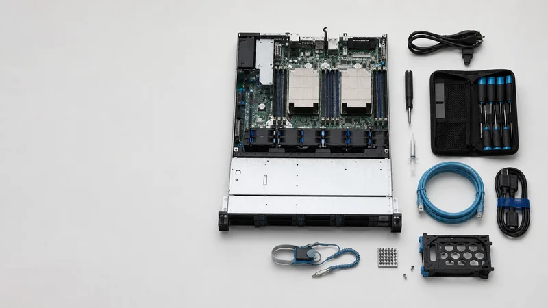 Styled flat-lay of a server module and diagnostic tools on a clean background, clean even studio light, generous negative space for overlaid text