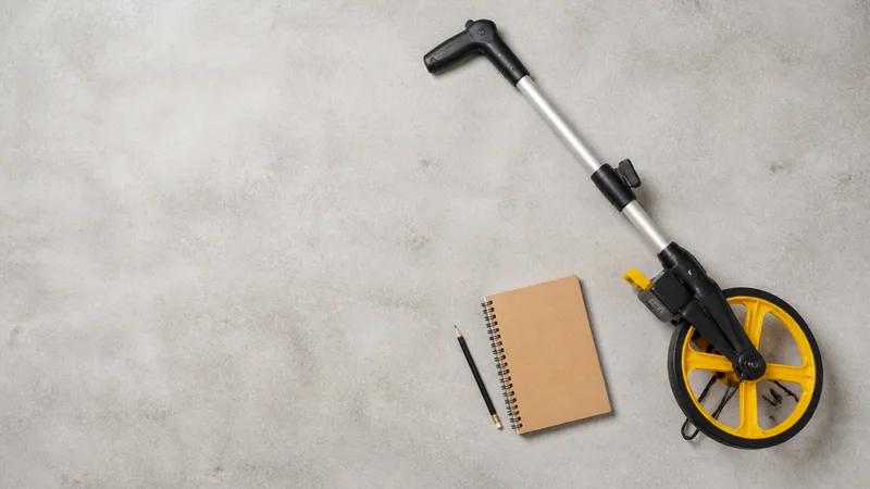 Styled flat-lay of a measuring wheel and field notebook on a clean background, clean even studio light, generous negative space for overlaid text