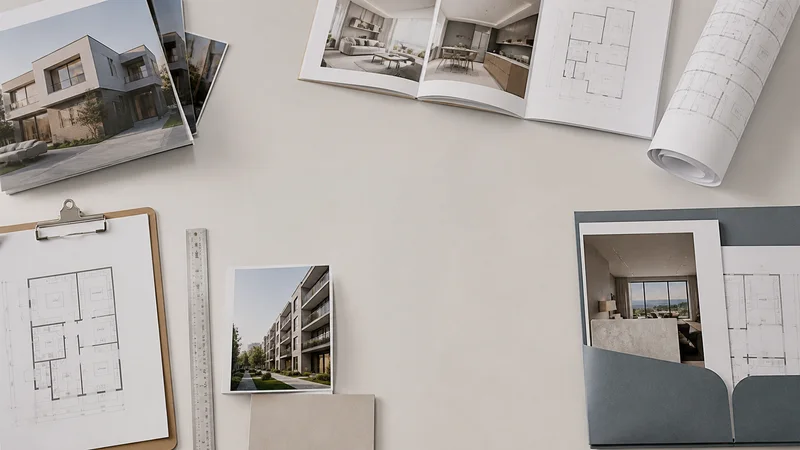 Styled flat-lay of property brochures and floor plans on a clean background, clean even studio light, generous negative space for overlaid text