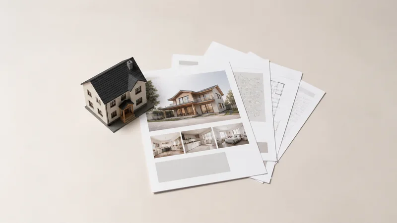 Styled flat-lay of listing sheets and a model house on a clean background, clean even studio light, generous negative space for overlaid text