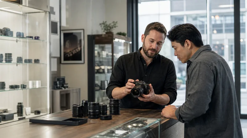 A camera technician demonstrating a camera to a customer at the counter, bright daylight through the windows