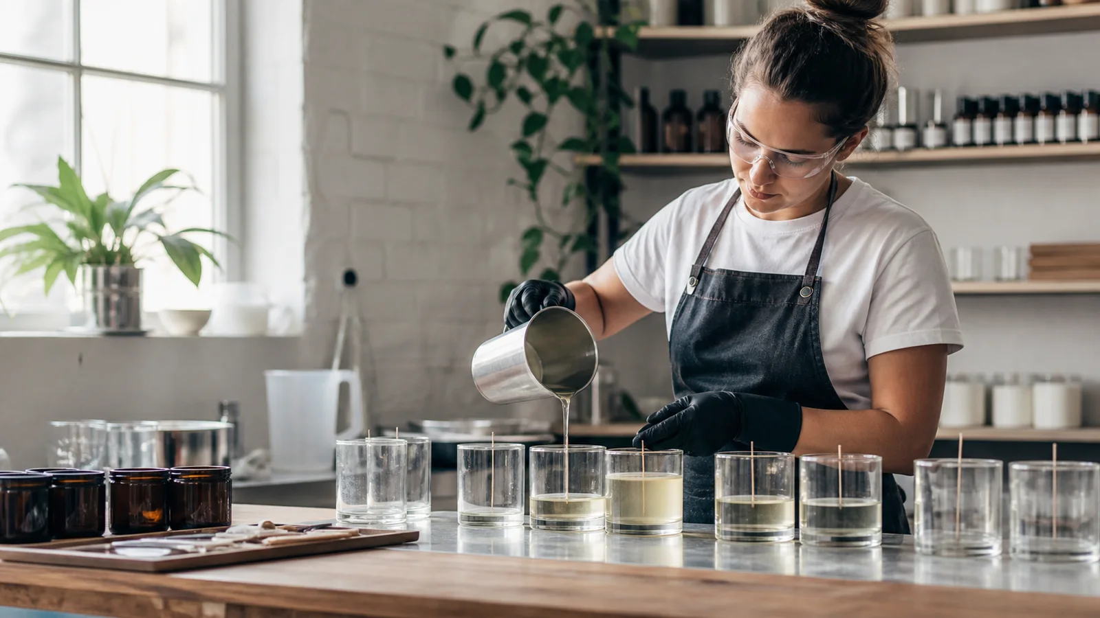 A candle maker pouring melted wax into a candle jar, bright daylight through the windows
