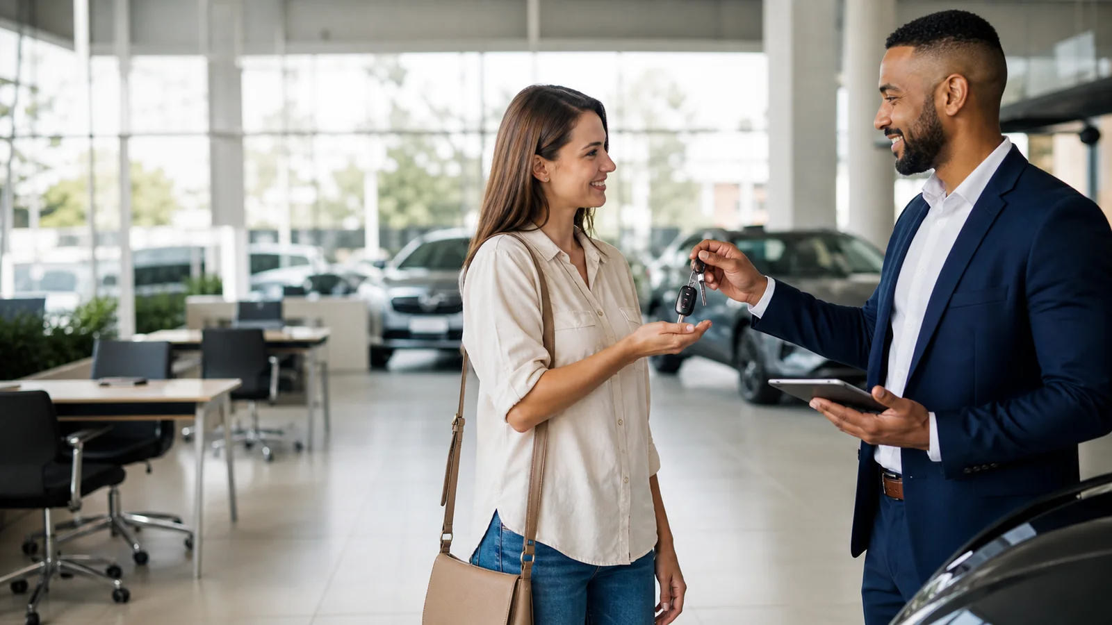 A car salesperson a salesperson handing car keys to a new owner, bright daylight through the windows