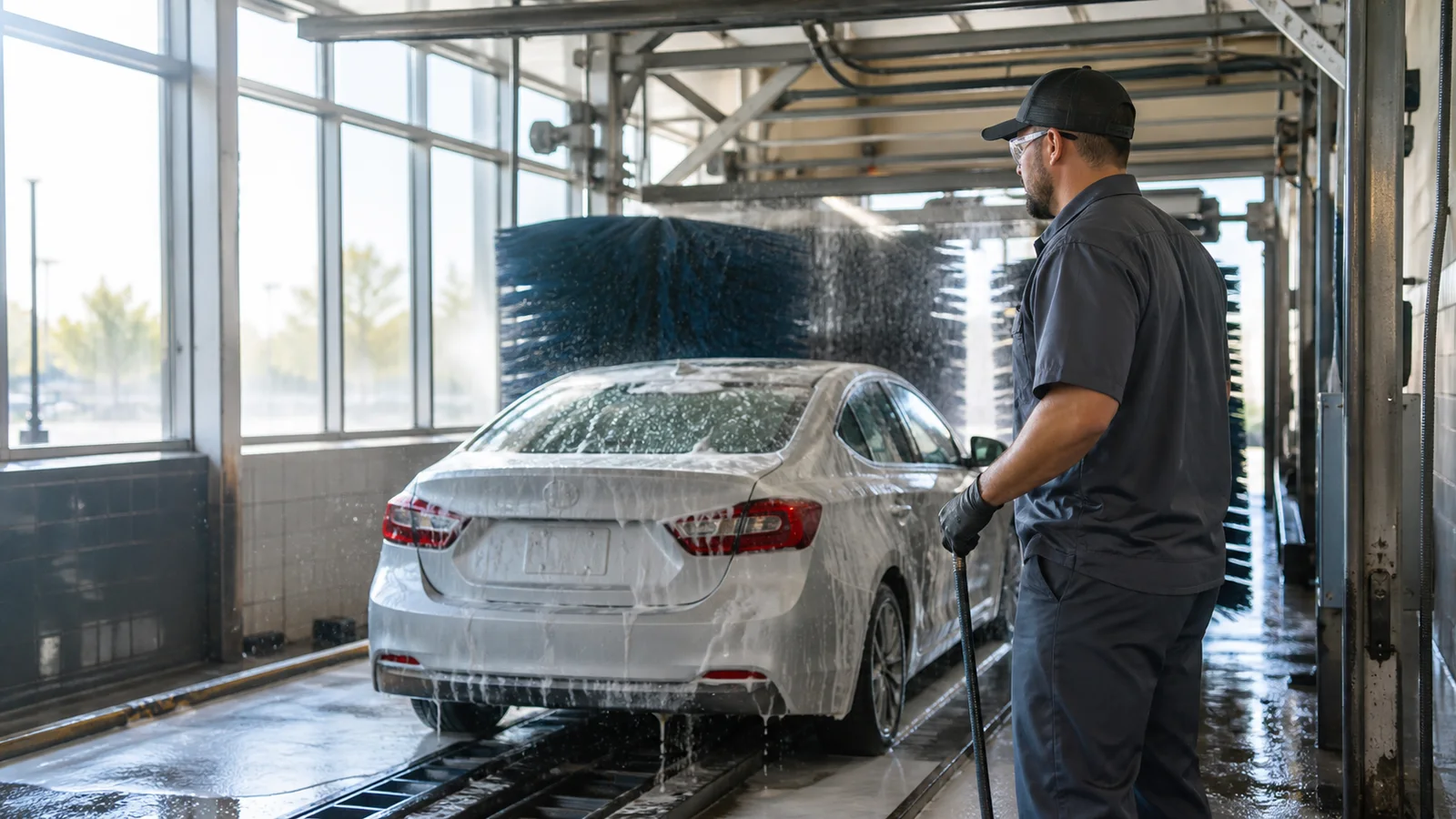 A car wash attendant a car passing through foaming wash brushes, bright daylight through the windows