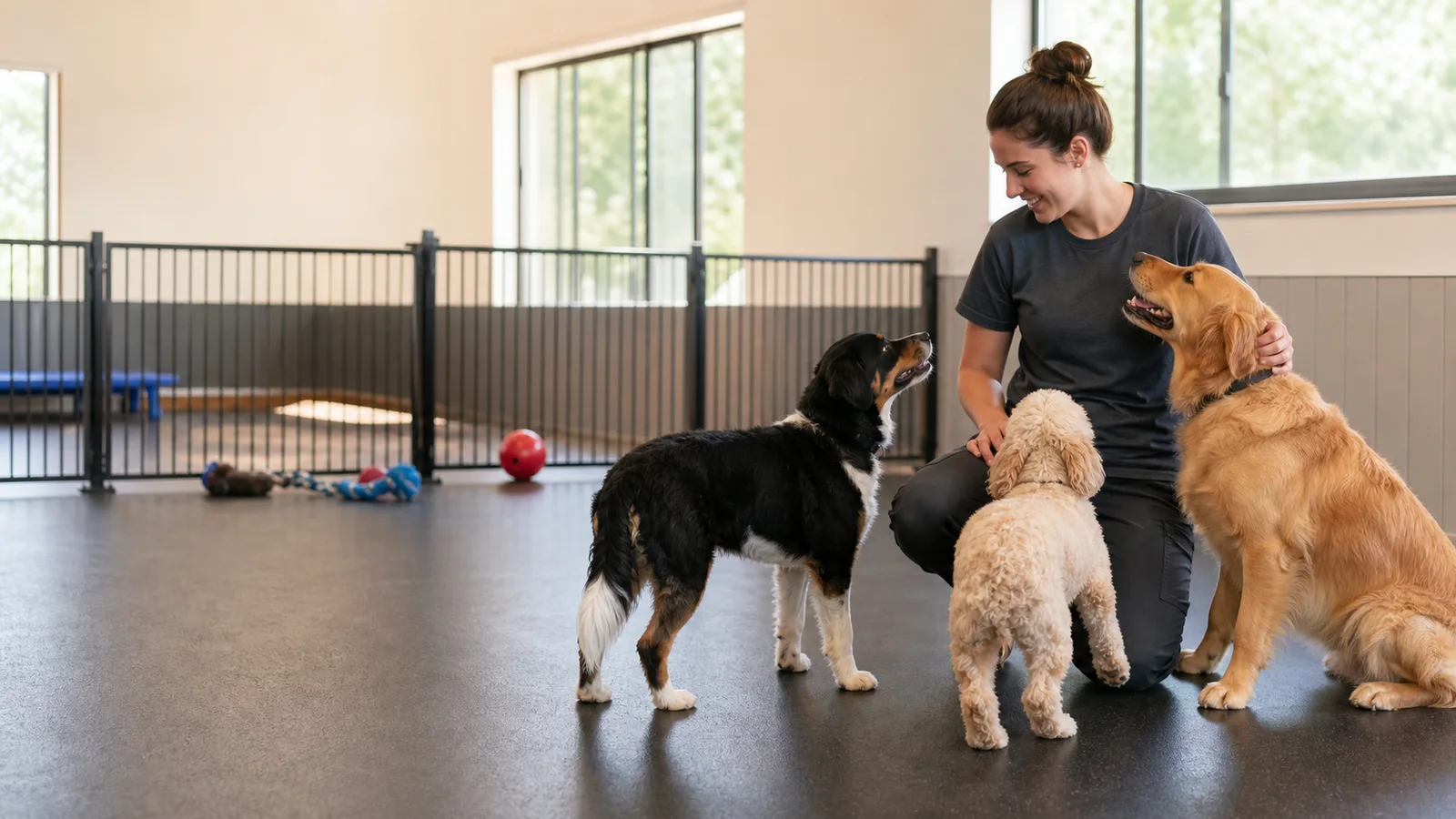 A dog daycare attendant playing with a group of dogs, bright daylight through the windows