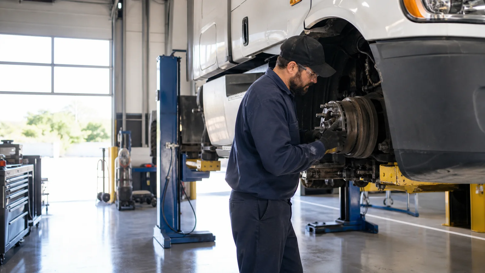 A diesel truck mechanic a diesel mechanic servicing a semi-truck on a lift, bright daylight through the windows