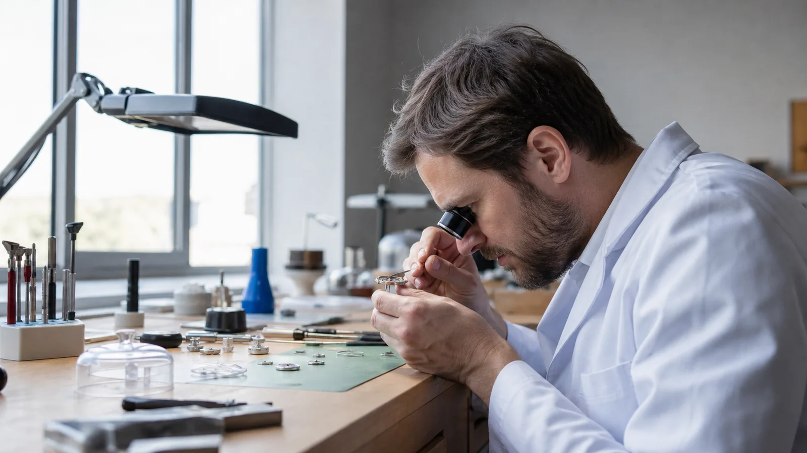 A watchmaker examining a watch movement through a loupe, bright daylight through the windows