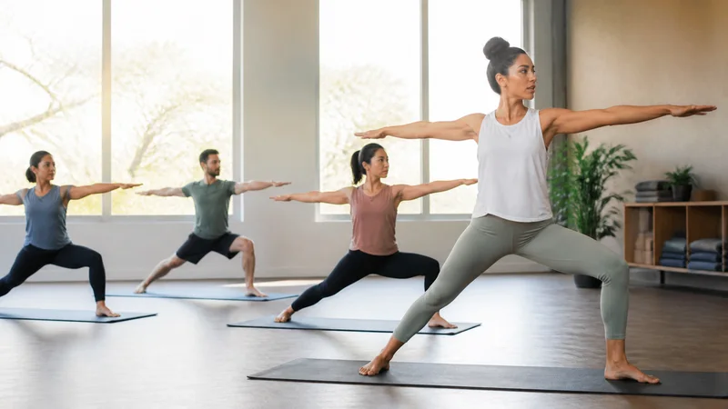 A yoga instructor leading a class through a yoga pose, bright daylight through the windows