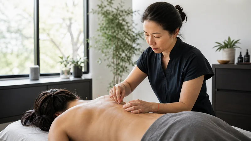 A acupuncturist inserting acupuncture needles into a patient's back, bright daylight through the windows