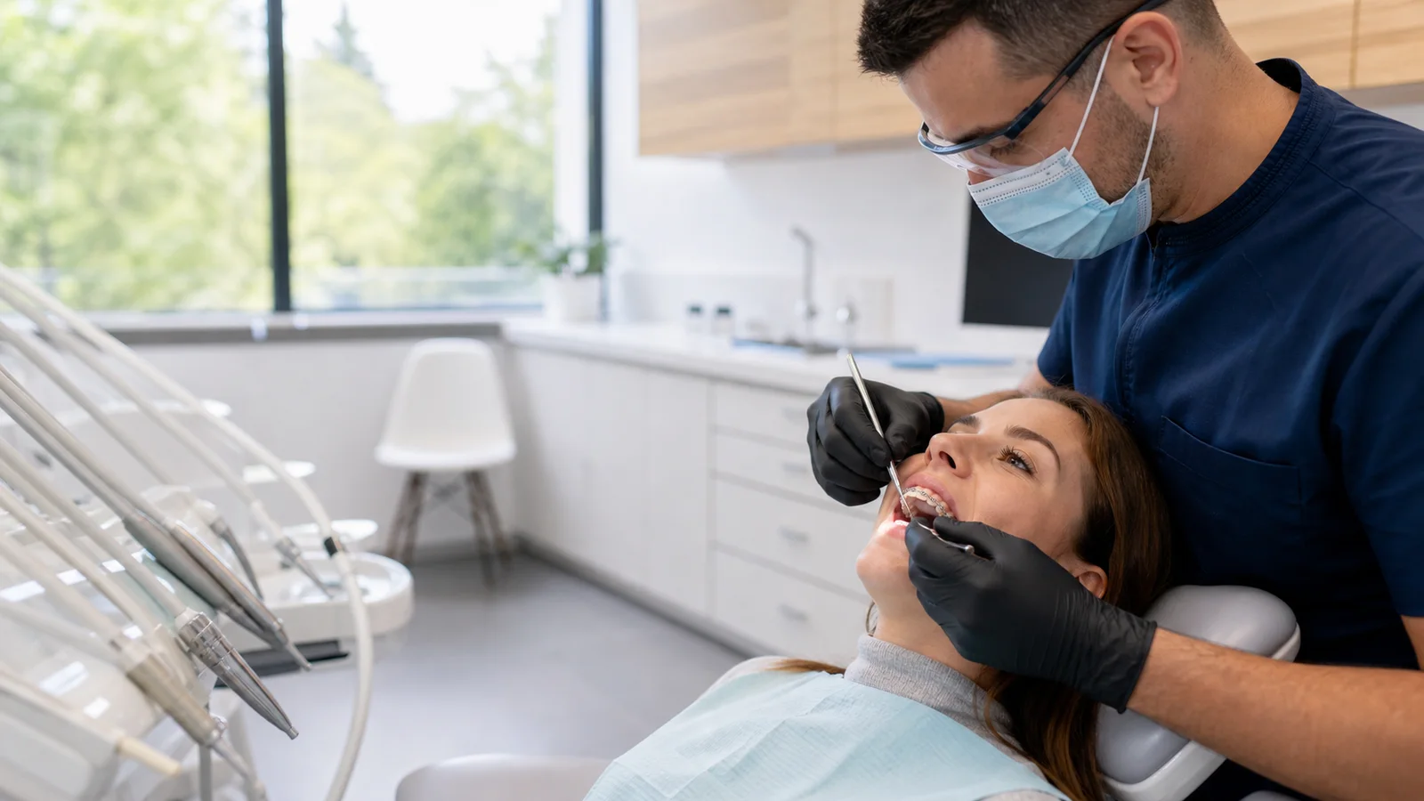 A orthodontist fitting braces on a patient's teeth, bright daylight through the windows
