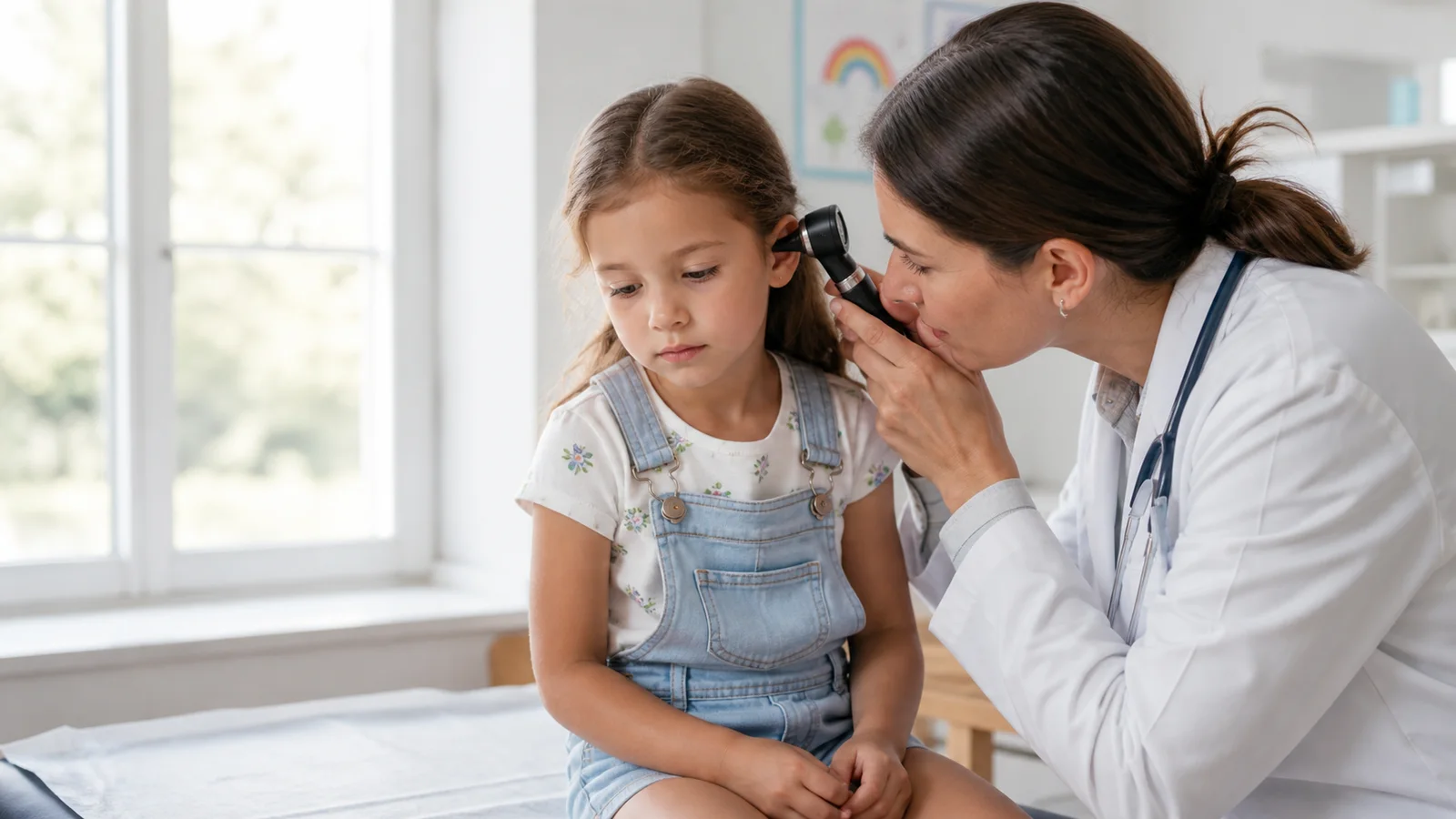 A pediatrician examining a child's ears with an otoscope, bright daylight through the windows