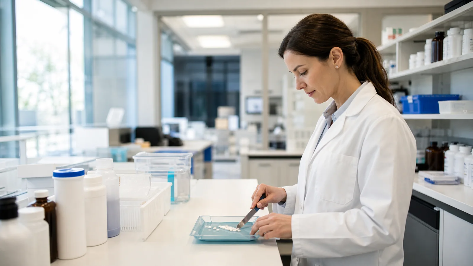 A pharmacist counting pills on a dispensing tray, bright daylight through the windows