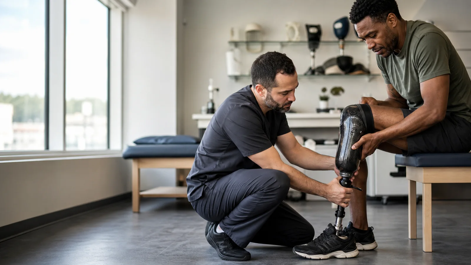 A prosthetist fitting a prosthetic limb to a patient, bright daylight through the windows